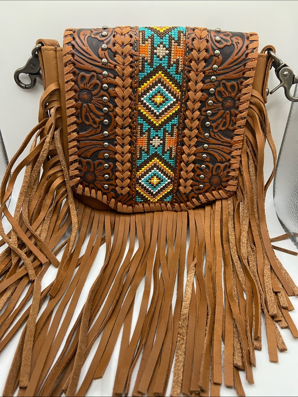 Western Cowgirl Boho Fringe Crossbody Bag w/ Beaded Aztec Accent - Montana West